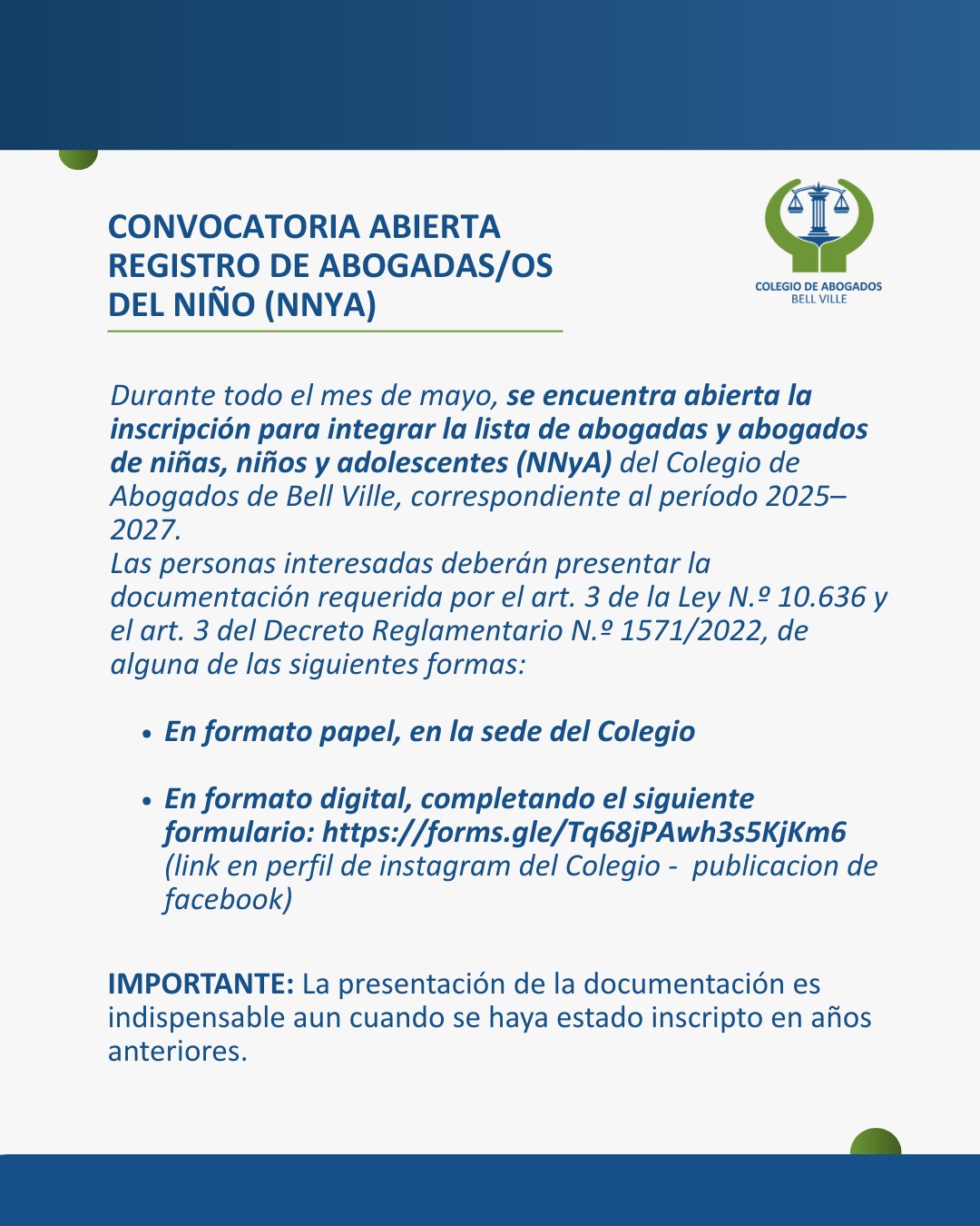 Convocatoria Abierta – Registro de Abogados del Niño (NNYA)