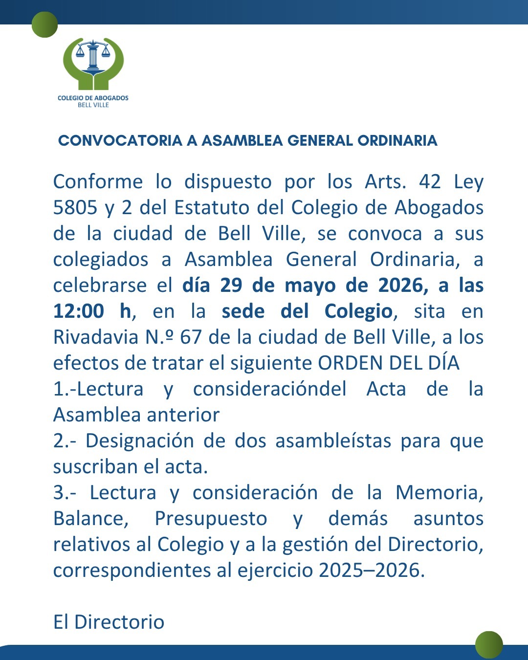 CONVOCATORIA A ASAMBLEA GENERAL ORDINARIA